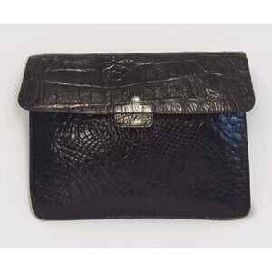 Vintage Rare FURLA Black Crocodile Embossed Leather Clutch Made In Italy